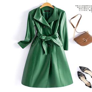 여성 양 가죽 트렌치 코트 가을 겨울 패션 스탠드 칼라 더블 브레스트 레이스 업 슬림 롱 가죽 코트 스플릿 가죽