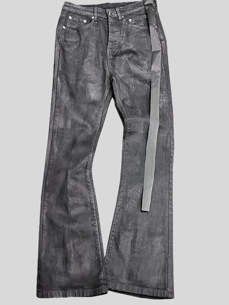 2023 신상 수제 왁스 코팅 슬림핏 플레어 진 청바지 젊은층 패션 하이웨이스트 버튼 클로저 고탄력 롱 팬츠 데일리 착용