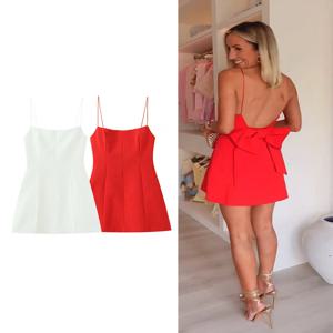 TFMLN 새로운 여성 빅 보우 스트랩 a 라인 드레스 여름 백리스 스위트 솔리드 민소매 슬리밍 짧은 드레스 패션 파티 의류