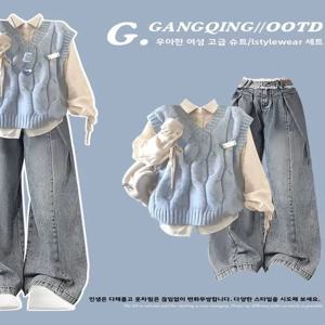 달콤하고 신선한 대학 스타일 니트 조끼 하이웨이스트 청바지 드로스트링 셔츠 3피스 세트 통기성 폴리에스터 긴팔 폴로 셔츠