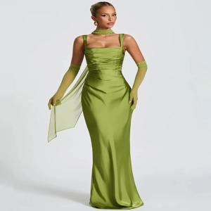 모지션 새틴 백리스 섹시 맥시 드레스 여성 우아한 홀터 오프숄더 슬리브리스 레이스업 바디콘 클럽 파티 롱 드레스