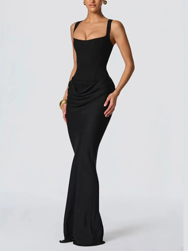 솔리드 플리츠 슬링 드레스 스퀘어 넥 슬리브리스 오프숄더 허리 조임 슬림 여성 드레스 패션 이브닝 파티 가운 2025