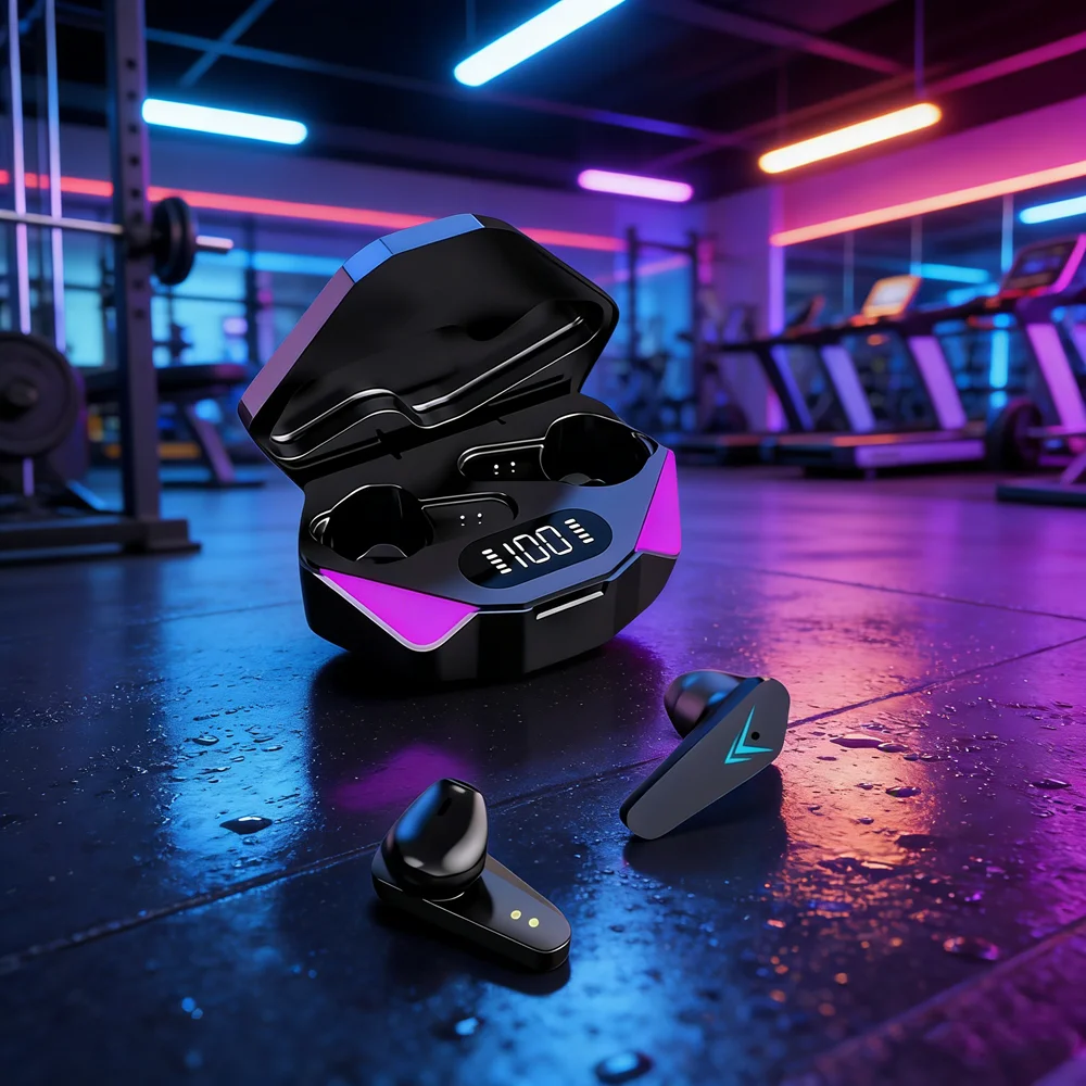 TWS 게이밍 이어버드 무선 블루투스 이어폰(마이크 포함) 베이스 오디오 사운드 포지셔닝 모든 스마트폰용 9D 스테레오 음악