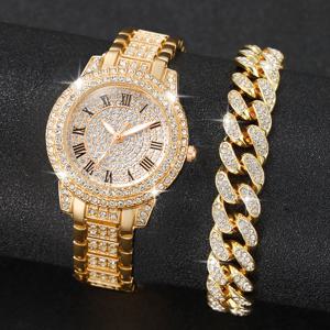 2PCS 패션 다이아몬드 여성 시계 골드 시계 숙녀 손목 시계 럭셔리 라인 석 여성 팔찌 시계 Relogio Feminino
