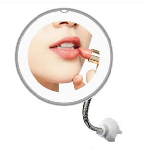 LED 조명이 있는 유연한 구즈넥 화장 거울 10배 확대 거울 흡착 컵 밝은 확산광 및 360도 회전