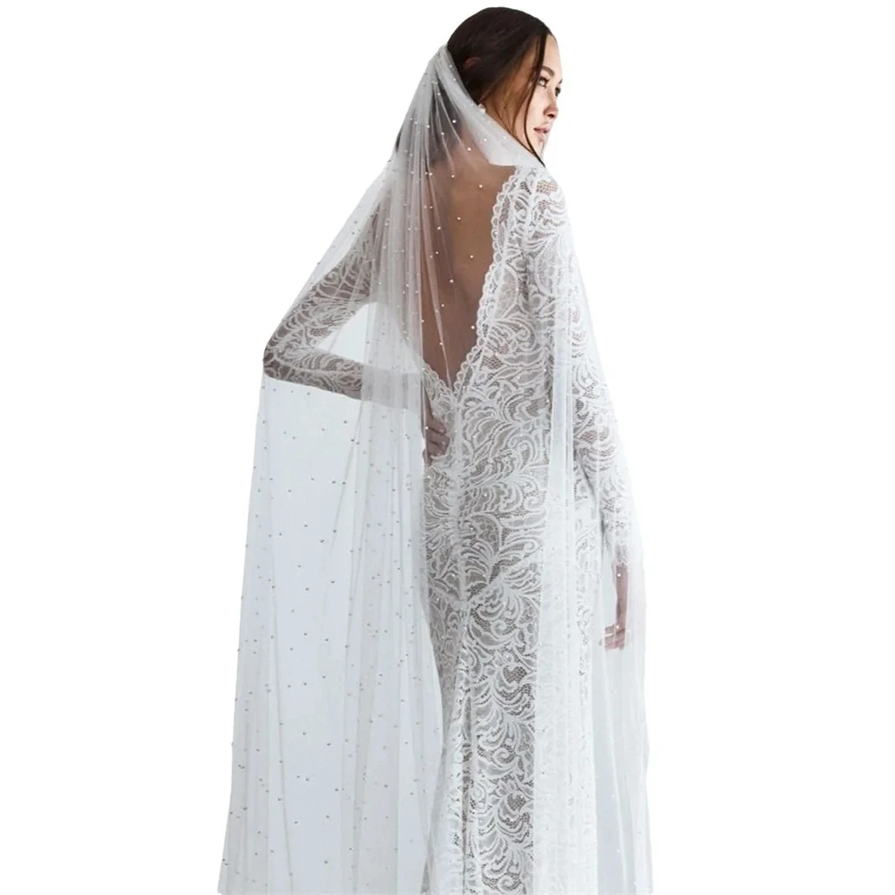3미터 길이의 진주 비즈 장식 신부 베일 한 겹 긴 웨딩 결혼 액세서리 여성용