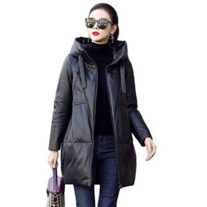 Thicken Snow Parkas 겨울 여성 따뜻한 후드 PU 가죽 자켓 블랙 루즈 롱 코트 방풍 여성 코튼 가죽 오버 코트