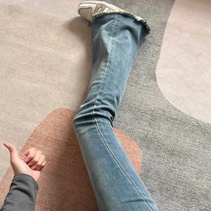 하이웨이스트 슬림핏 마이크로 플레어 진 여성용 봄 가을 코튼 스트레치 데님 블루 진 부츠컷 팬츠 포켓 포함