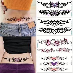 4 시트 섹시한 배꼽 허리 문신 스티커 여성 커버 흉터 임시 문신 스티커 부족 꽃 나비 일회용 문신