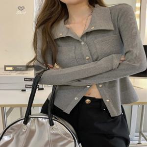 슬림핏 긴팔 회색 셔츠 여성용 봄 가을 이너웨어 빈티지 홍콩 스타일 디자인 센세이션 스몰 아우디언스 웨이스트 인