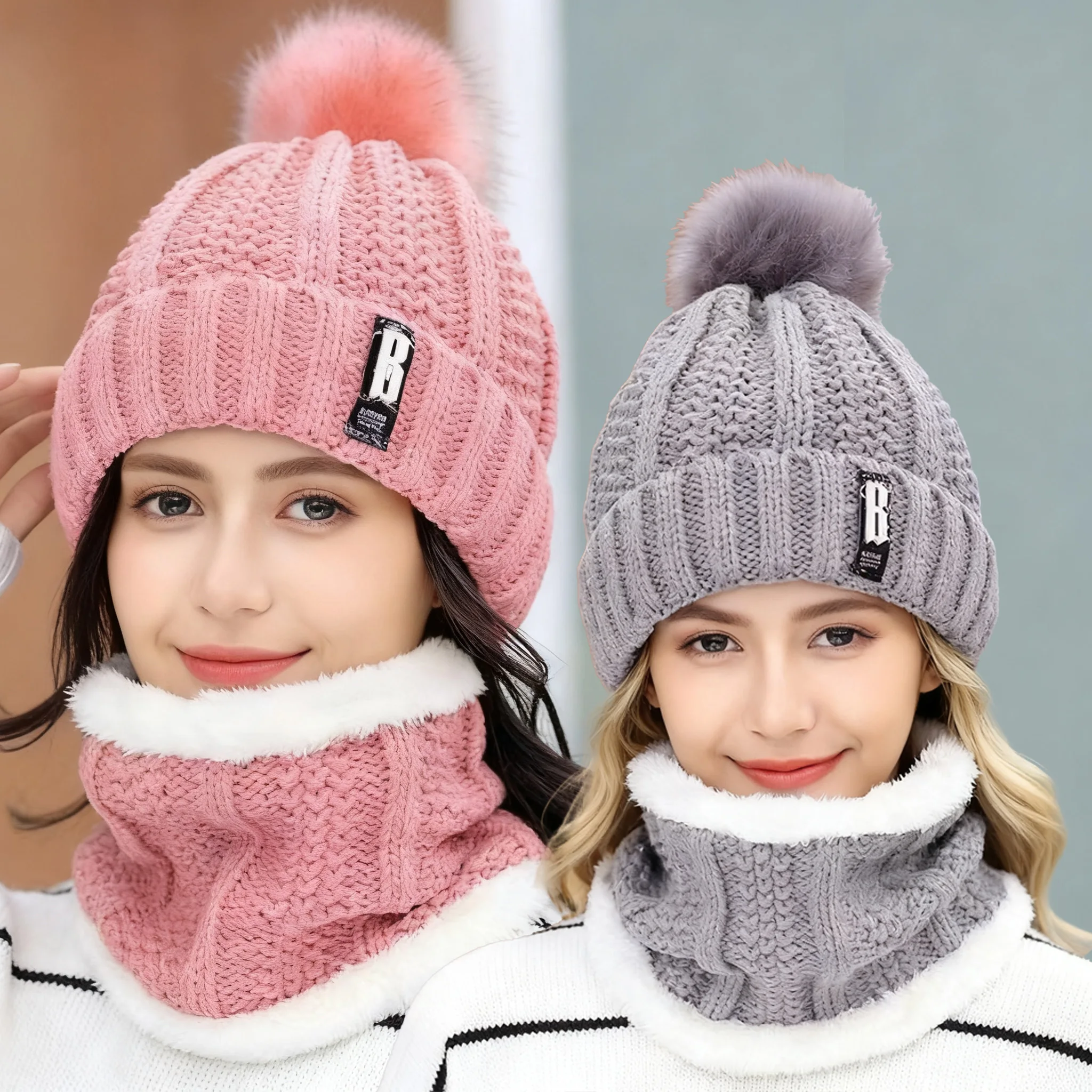 여성용 두꺼운 니트 모자와 스카프 세트, 겨울용 울, 따뜻함