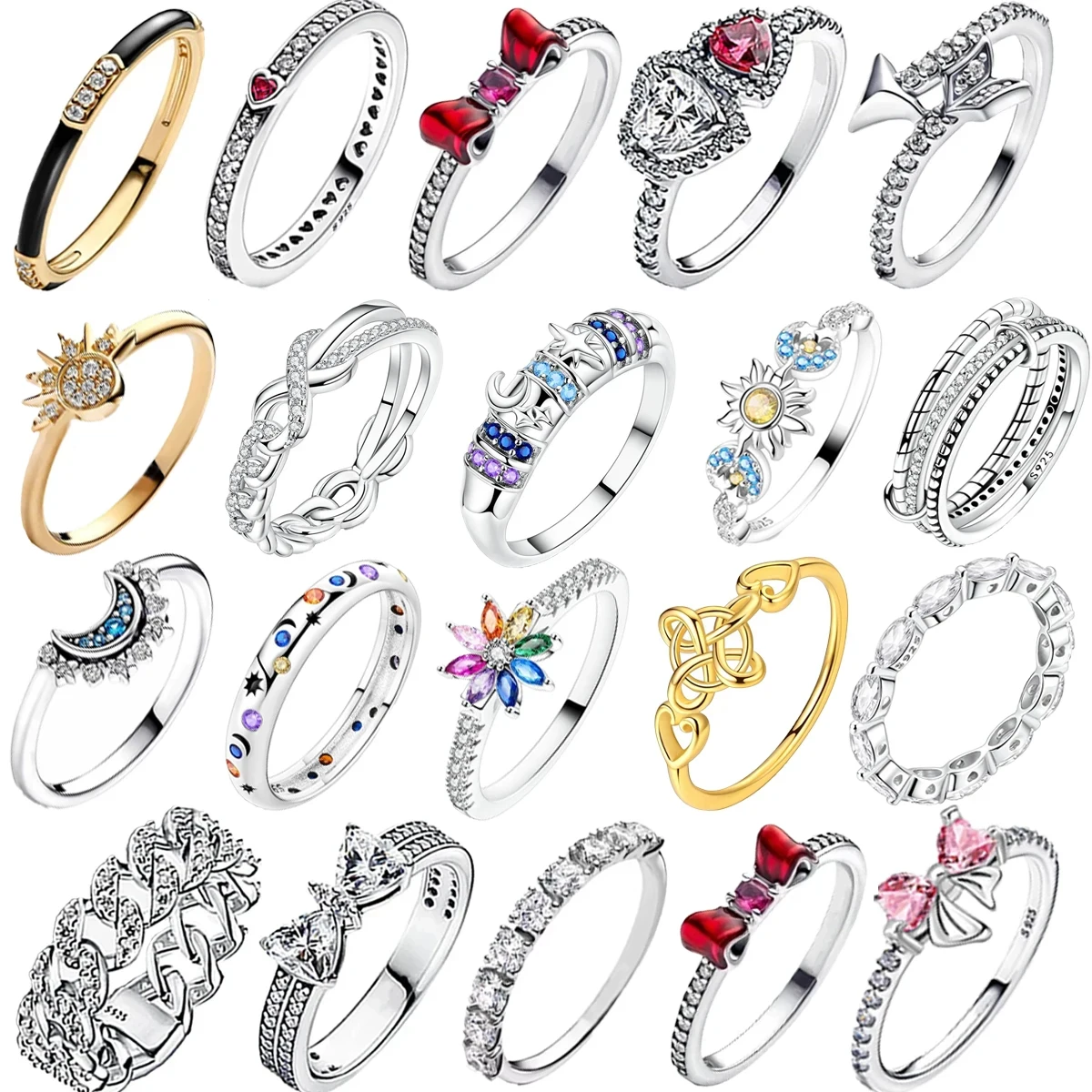 새로운 반지 오리지널 925 스털링 실버 반지 하트 리본 태양 달 별 꽃 왕관 여성용 어머니의 날 발렌타인 데이 선물 DIY 쥬얼리