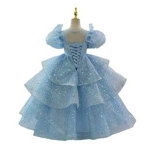 글리터 플라워 걸스 프린세스 드레스 퍼프 슬리브 스팽글 티어드 튤 펄 넥라인 포멀 웨딩 파티 페이지언트 드레스 맞춤 제작