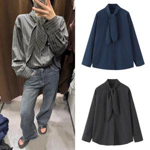 여성 셔츠 2025 가을 신상 다크 체크 긴팔 셔츠 스카프 장식 루즈핏 캐주얼 패션 다용도