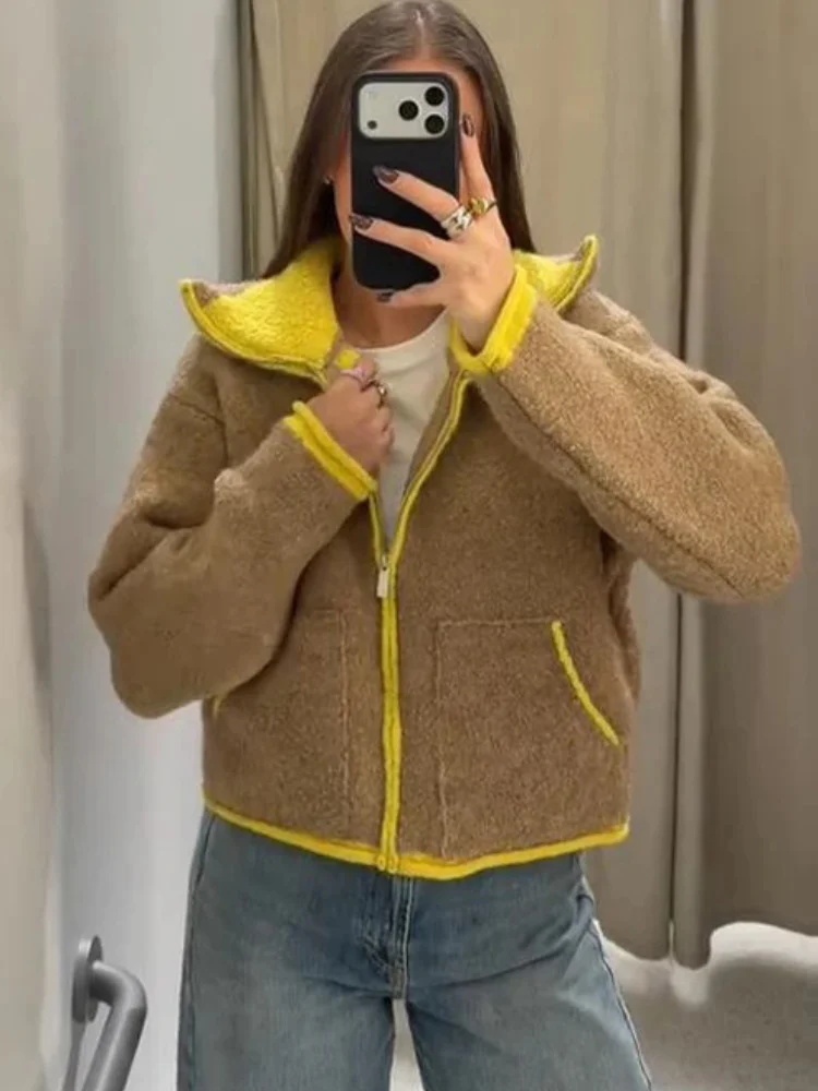 블록 니트 크롭 가디건 여성 패션 라펠 풀 슬리브 지퍼 포켓 루즈 숏 스웨터 여성 겨울 데일리 웨어