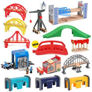 모든 종류의 나무 기차 트랙 액세서리 너도밤 나무 나무 철도 트랙 나무 다리 터널 어린이를위한 나무 트랙 장난감에 적합