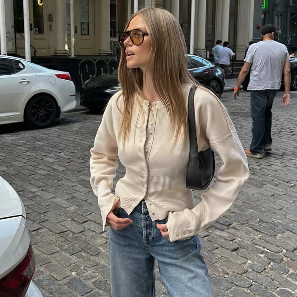 Tuularose 여성 봄 카디건 라운드 넥 버튼 캐주얼 솔리드 니트 스웨터 패션 스트리트 하이 웨이스트 짧은 탑 스웨터 여성