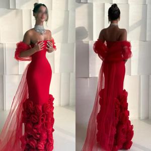 맞춤 제작된 고품질 정교한 저지 수제 꽃 주름 컬럼 오프숄더 롱 드레스, 맞춤 행사 드레스