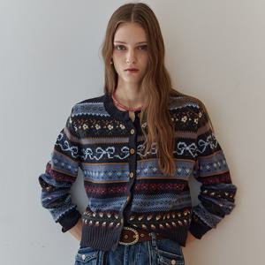 리본 노르딕 패턴 라운드넥 니트 가디건