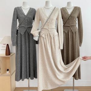 2468508 - 여리 레이스 니트스커트 투피스  니트롱원피스 니트투피스 니트세트 가을원피스 겨울원피스