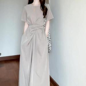 원피스 롱 여름 반팔 여성 랩 고급 심플 데일리 원피스 여름 반팔 랩 고급 심플