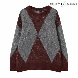 정상가:79,000원 ㅣ 아가일 라운드넥 오버핏 긴팔 니트 (NP4KT004L0)