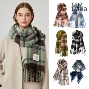 체크 패턴 쁘띠 숏 숄 골지 수술 여성 롱 니트 머플러 목도리