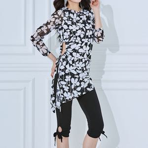 플라워 사선 롱 블라우스 라인댄스상의 스포츠댄스복 여성 칠부 티셔츠 스팽글 반짝이