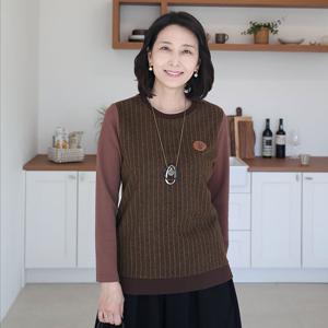 [쉬즈마담]T57439 가죽장식 줄배색 티셔츠 50대 엄마옷