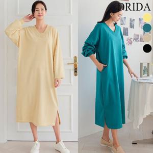 [드리다] 봄 가을 긴팔 브이넥 빅사이즈 맨투맨 롱 빅사이즈 면 원피스 40-50대 중녀여성 엄마옷 미시 등원
