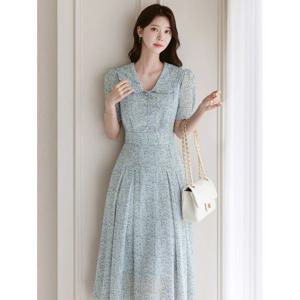 [시크라인]아델리 프릴 카라 플로랄 플리츠 쉬폰 원피스 빅사이즈/모임룩/나들이룩