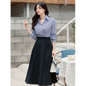 [시크라인]닐라 스트라이프 배색 뒷밴딩 플레어 원피스 빅사이즈/오피스룩/하객룩