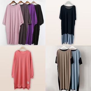 [나야홍]여성큰옷 빅사이즈 여성의류 퍼프소매 플리츠 셔링 롱 원피스 봄 여름 중년 미시 엄마