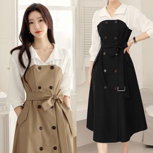 [시크라인] 블런트 블라우스 레이어드 트렌치 플레어 원피스