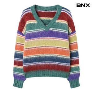 [BNX]레인보우 단가라 브이넥 긴팔 니트 (BX4KP038L0)