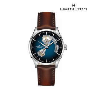 [해밀턴]H32675540 재즈마스터 오픈하트 오토 40mm 블루 다이얼 브라운 가죽 남성 시계