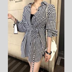 얆은 고방 체크 퍼프 긴팔 루즈핏 하프 롱 셔츠 남방