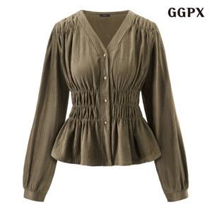 [GGPX]러블리 브이넥 셔링 긴팔 블라우스 (GPDBA004D)