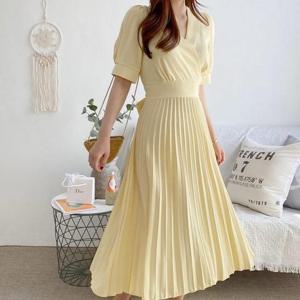 퍼프 리본 셔링 새틴 랩 브이넥 반팔 플리츠 주름 롱원피스