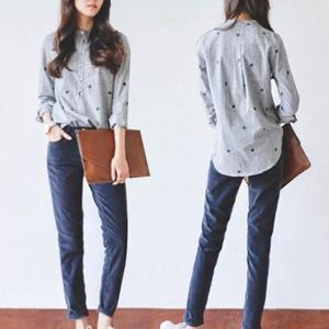 [시스터즈] 여성 나뭇잎 자수 포인트 데일리 셔츠 블랙