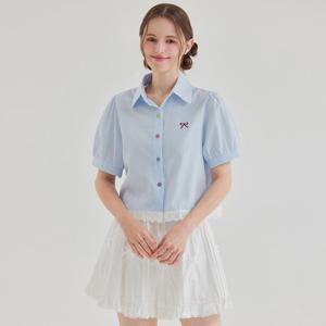 FOCUS  레이스 배색 리본 줄지 블라우스 PBBF5M1BL5461