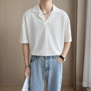 남자 와플 오픈 브이넥 오버핏 카라 두꺼운 반팔 티셔츠
