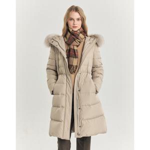 헤지스 여성 24FW 폭스FUR구스다운 라이트베이지 탈착 후드 롱 헤비다운 점퍼 HSJU4DC02I1