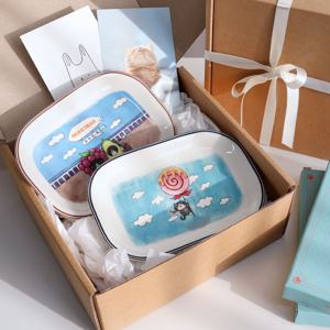 선물포장 고양이 캐릭터 둥근 사각접시 2p 귀여운 홈카페 플레이트 생일 집들이선물 D64