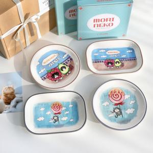 선물포장 고양이 캐릭터접시 2종 원형 직사각 접시 귀여운 플레이트 생일 집들이선물 D66