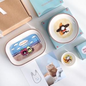 선물포장 고양이 캐릭터 소스볼+접시2종 원형 직사각 플레이트 귀여운 집들이 선물세트 D67