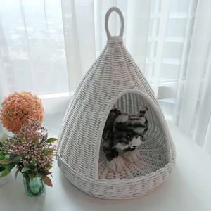등나무 2WAY 키세스 원뿔형 라탄 고양이집 강아지집 화이트 (소) J079WS