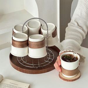 [해외] 빈티지 앤틱 세라믹 물컵 세트 홈카페 우유잔 주스컵 일자컵 커피잔+거치대+트레이