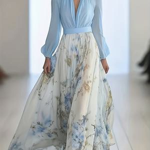 TEMU 세련된 딥 V넥의 길고 아름다운 드레스. 시프론 소재의 플로럴 프린트가 특징이며, 활동적인 여성들을 위해 디자인되었습니다.