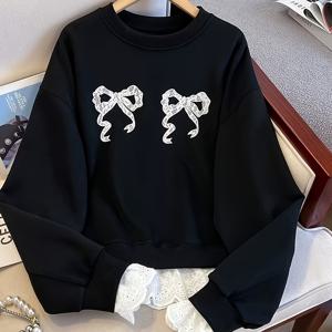 TEMU 여성용 패셔너블 캐주얼 리본 레이스 라운드넥 스웨트셔츠